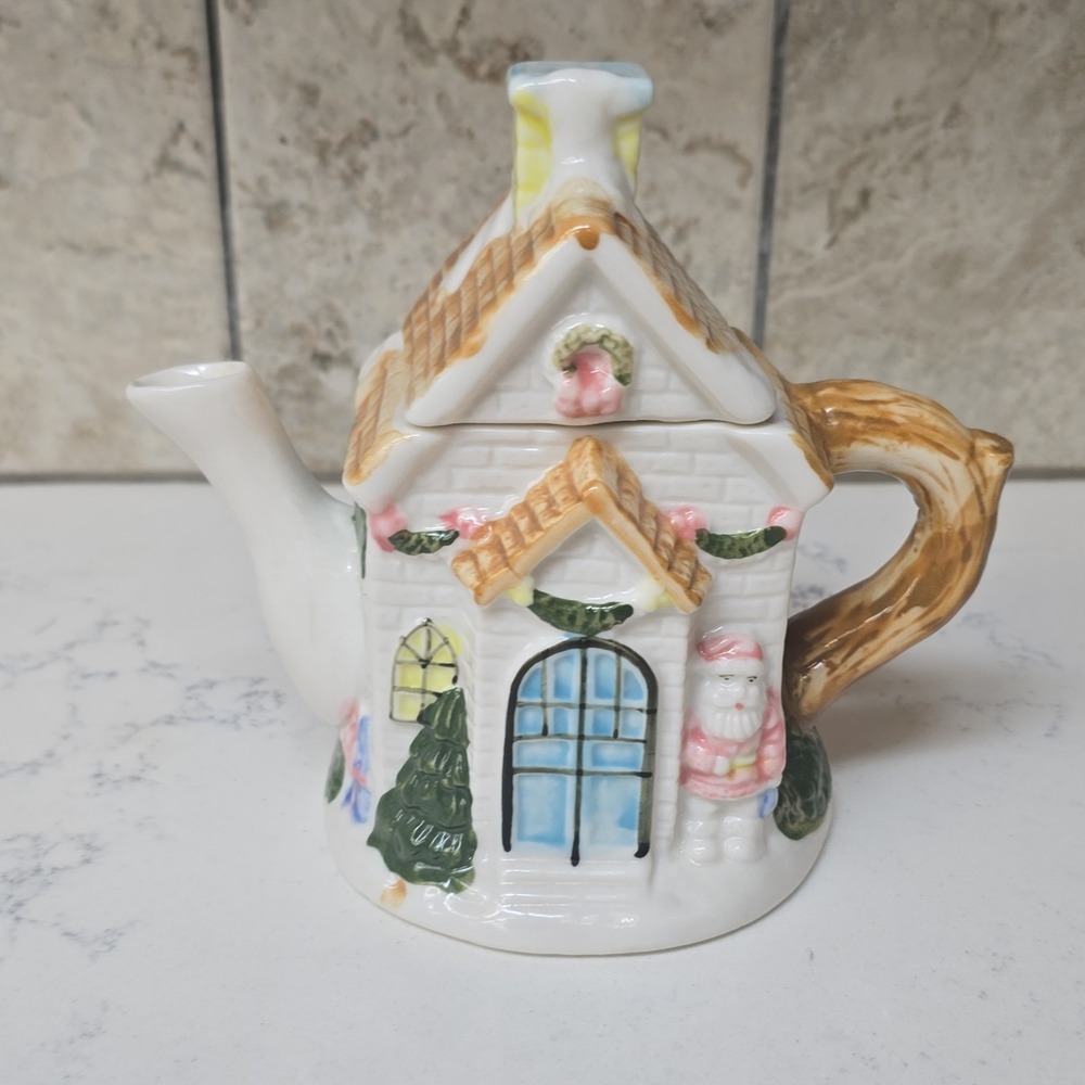 Ceramic Teapot Christmas Cottage Houston Harvest